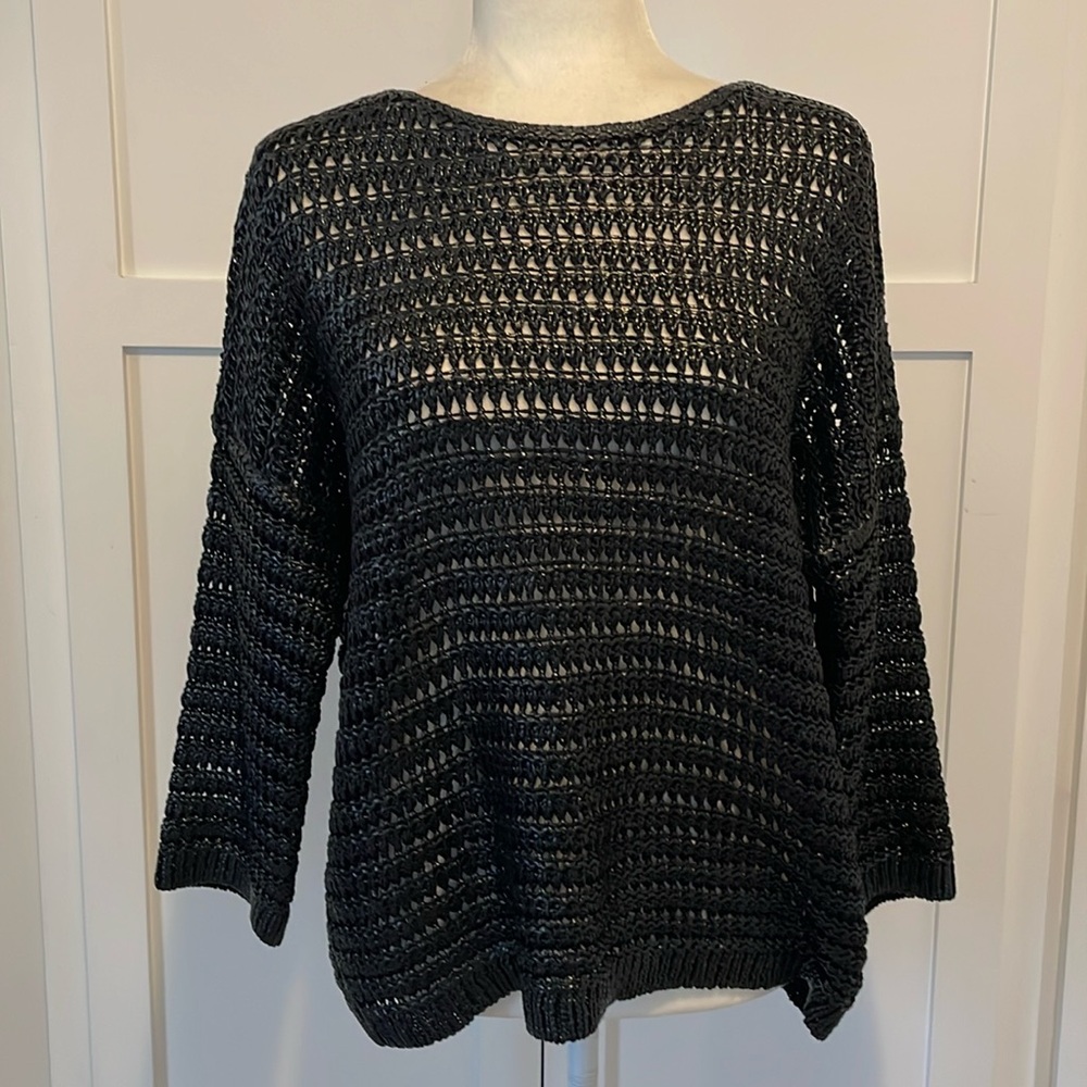 Club Monaco Women's Metallic look Black Waxed Cotton Open Knit Crew Neck Sweater